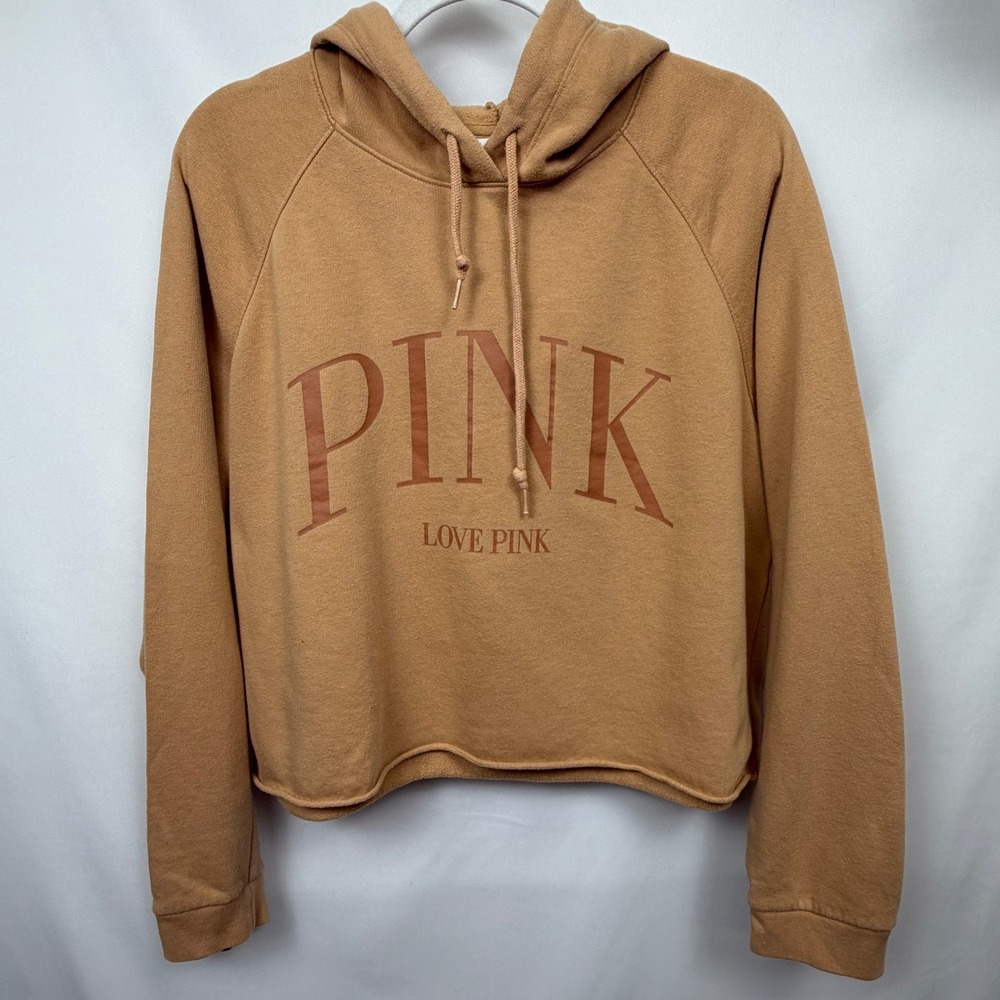 Victoria's Secret PINK Cropped Hoodie Tan Brown Graphic Sweatshirt XL